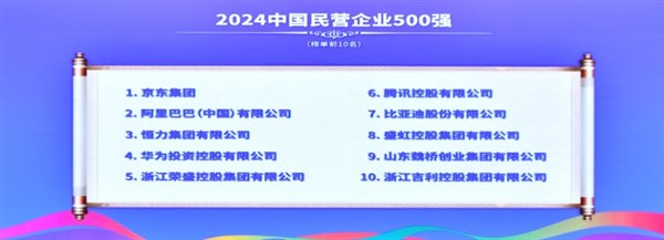 2024中国民营企业500强榜单发布：京东、阿里前二 华为第四